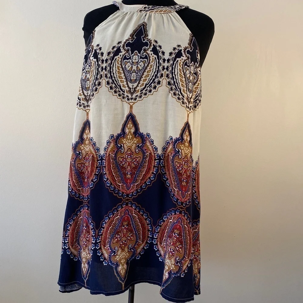 HALTER top mini dress tie back sexy swing a line blue red white - Picture 1 of 7